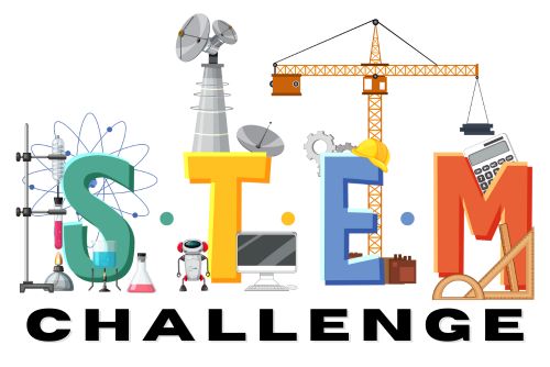 The word STEM in bright letters with construction and science items behind the word