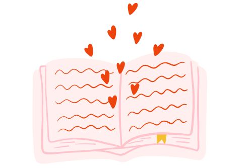 cartoon book with hearts floating out of it