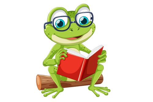 frog with glasses reading book