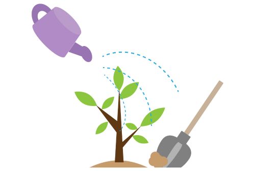 Tree with shovel and watering can cartoon.