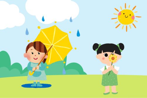 April Showers Bring May Flowers with two little kids.