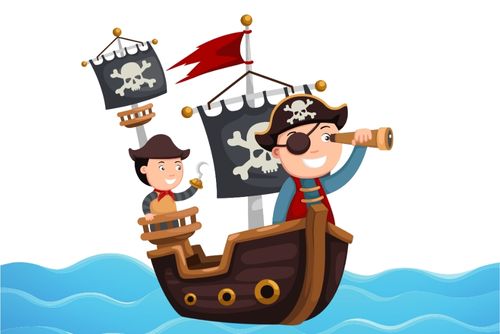 Pirates in boat on ocean